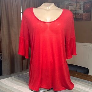 Loft Women's Scoop Neck Red Top with Pleated Elbow Sleeves